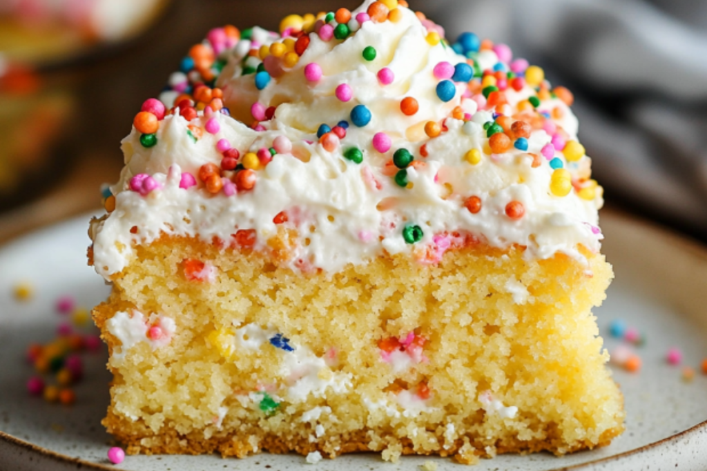 A delicious poke cake with a perfect balance of moisture and texture, showcasing a moist yet not soggy finish