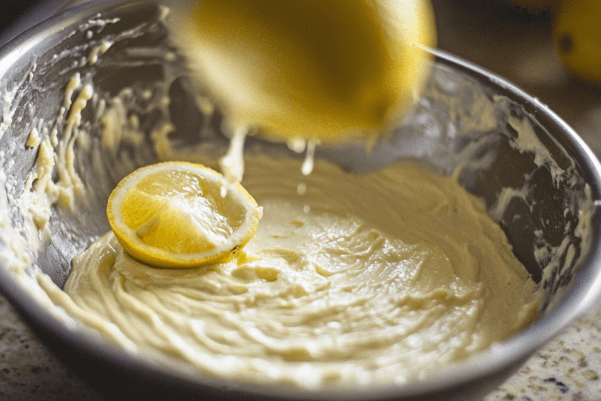 Close-up of fresh lemon juice being poured into a cake batter bowl