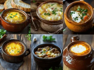 A collage of European soups, including French onion soup, Italian minestrone, Spanish gazpacho, Hungarian goulash, and Polish zurek, arranged in rustic ceramic bowls with fresh garnishes.