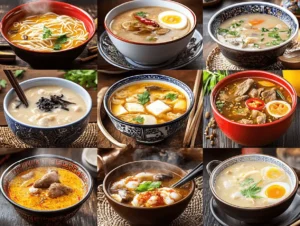 A collage of American soups, including New England clam chowder, Louisiana gumbo, Southwestern tortilla soup, broccoli cheddar soup, and beef chili, served in rustic bowls with fresh bread and garnishes.