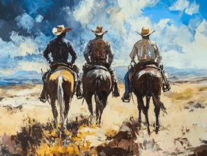 A painting of three cowboys riding horses across open plains with a partly cloudy sky in the background.