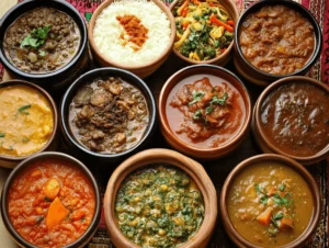 A collage of African soups, including West African peanut soup, Moroccan harira, Egyptian molokhia, Ethiopian shiro wot, and South African chakalaka soup, served in colorful bowls with traditional garnishes.

