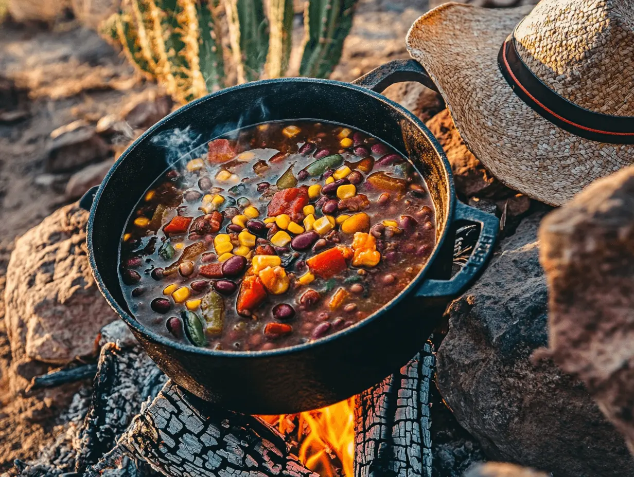 A hearty bowl of cowboy soup filled with ground beef, beans, corn, potatoes, and diced tomatoes