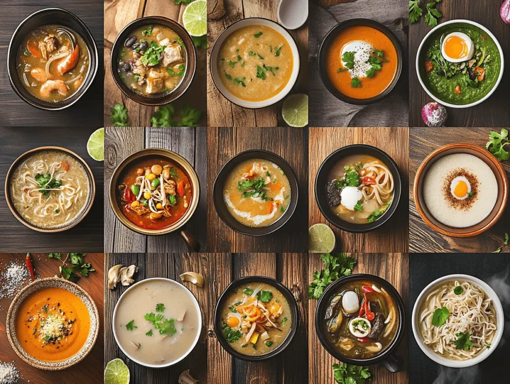 A collage of soups from around the world, including Japanese miso soup, French onion soup, Moroccan harira, Mexican tortilla soup, New England clam chowder, and Thai tom yum, served in artistic bowls with garnishes.