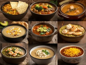 A collage of American soups, including New England clam chowder, Louisiana gumbo, Southwestern tortilla soup, broccoli cheddar soup, and beef chili, served in rustic bowls with fresh bread and garnishes.