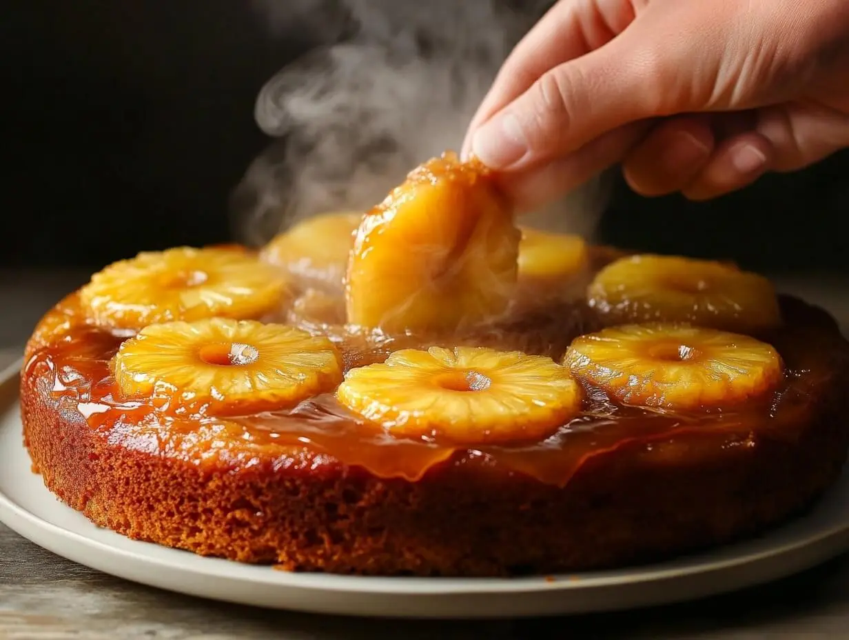 Hands flipping a pineapple upside down cake onto a plate with caramelized pineapple topping visible.