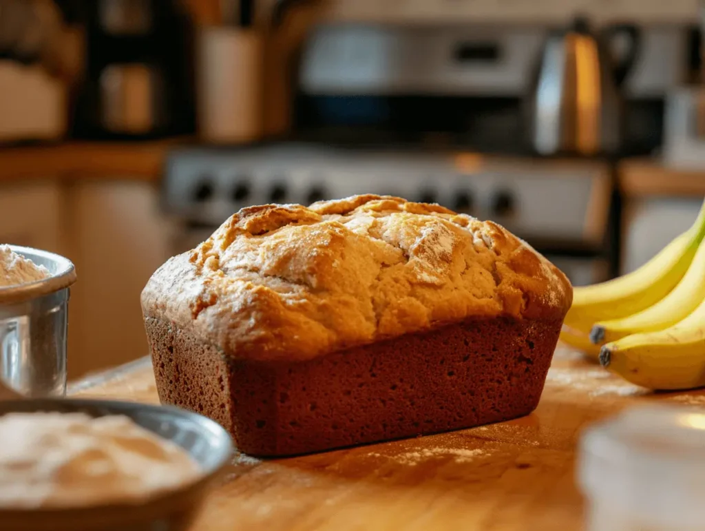 A freshly baked banana bread loaf on a rustic wooden table with ripe bananas and baking ingredients