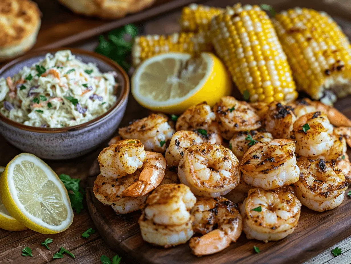 A plate of Cajun shrimp surrounded by creamy coleslaw, buttery corn on the cob, and fluffy buttermilk biscuits on a rustic wooden table