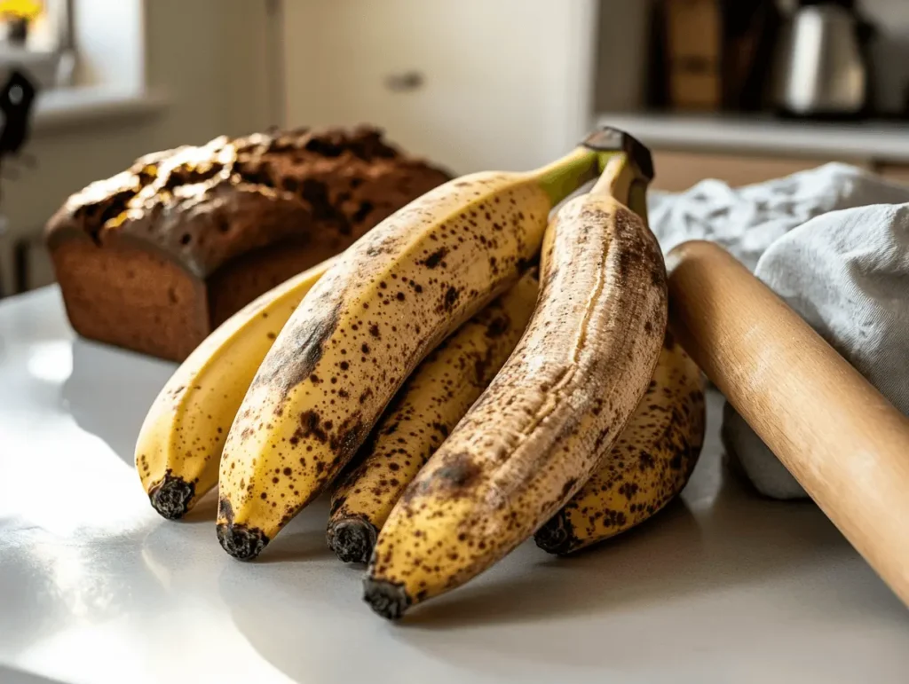 A bunch of overripe bananas with brown and black spots on a counter