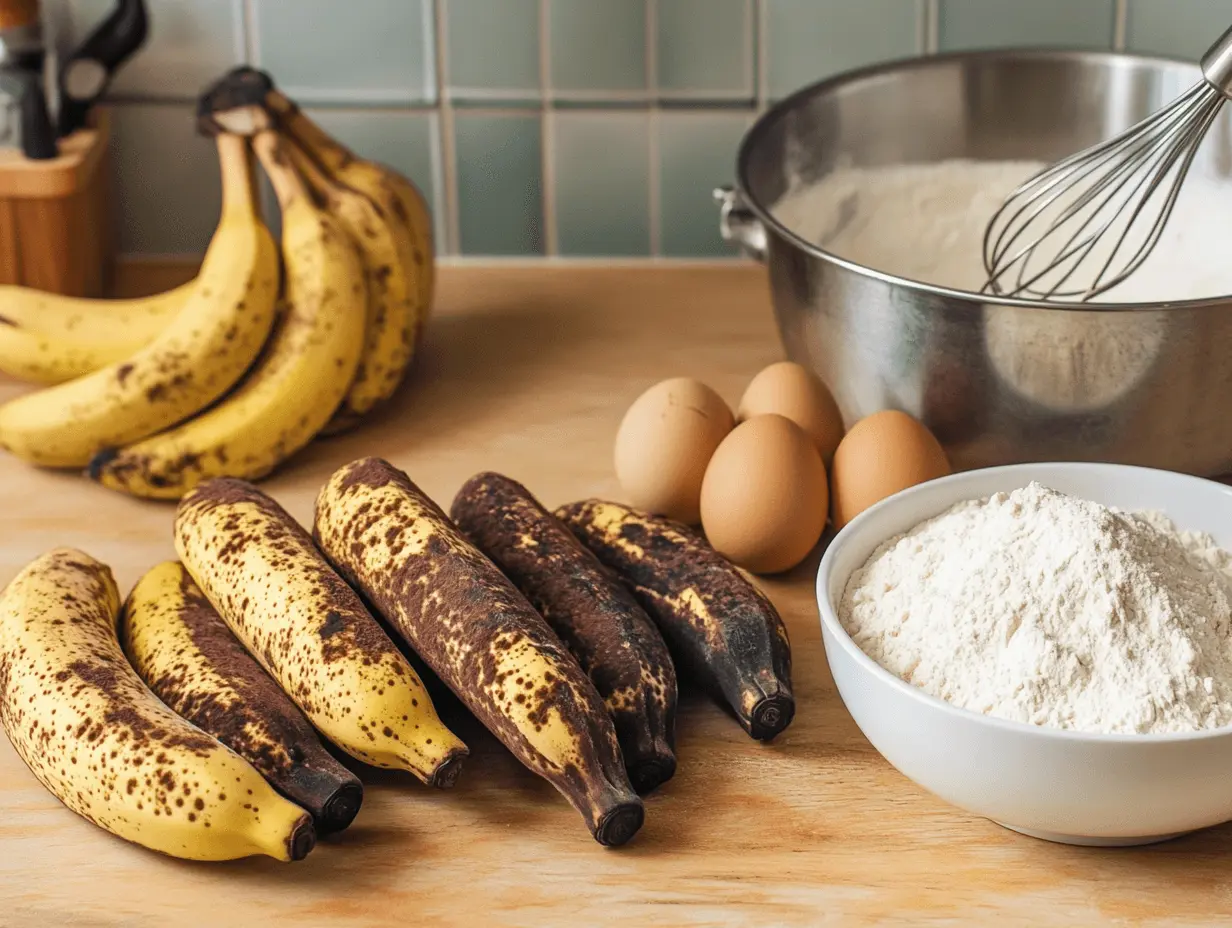 Ingredients including ripe bananas, flour, sugar, butter, eggs, and baking soda, displayed on a kitchen countertop