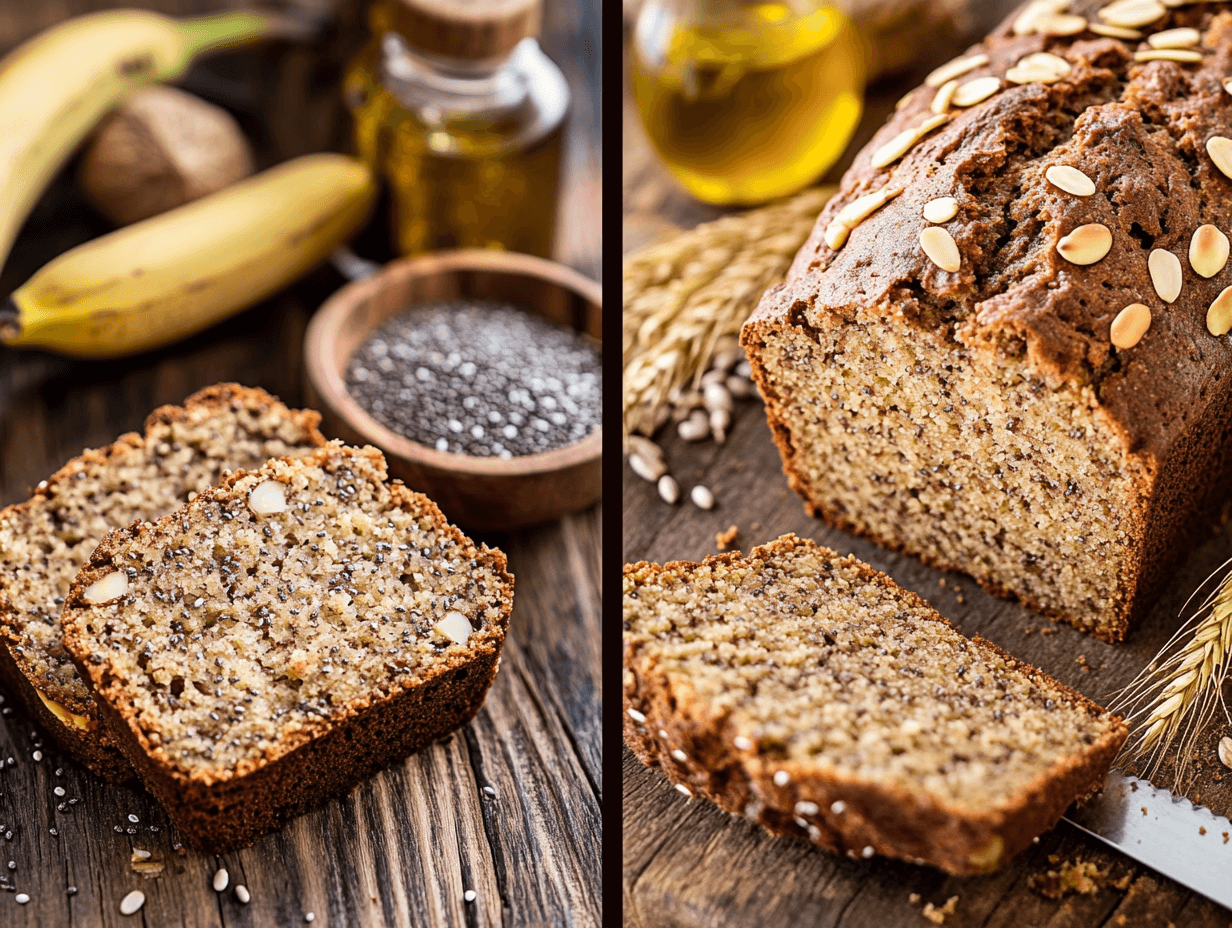 Homemade banana bread with nuts and whole-grain bread side by side, surrounded by chia seeds, almond flour, olive oil, and grains on a rustic surface