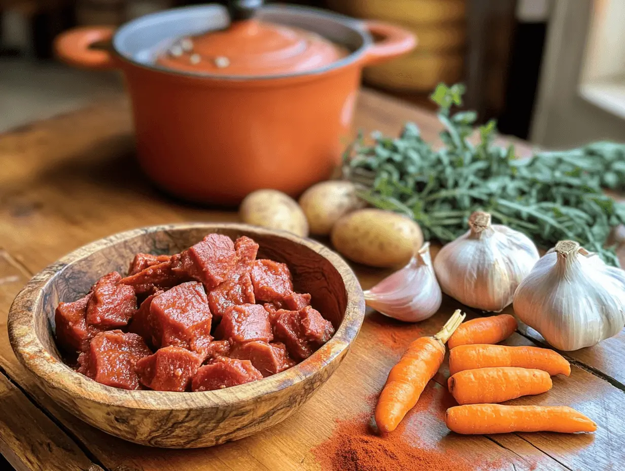 Ingredients for Hungarian Goulash, including beef, paprika, onions, and vegetables, laid out on a rustic wooden table.