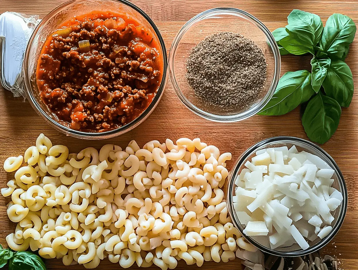 Ingredients for American Goulash, including ground beef, macaroni, tomatoes, garlic, onions, and cheese, arranged on a kitchen countertop.