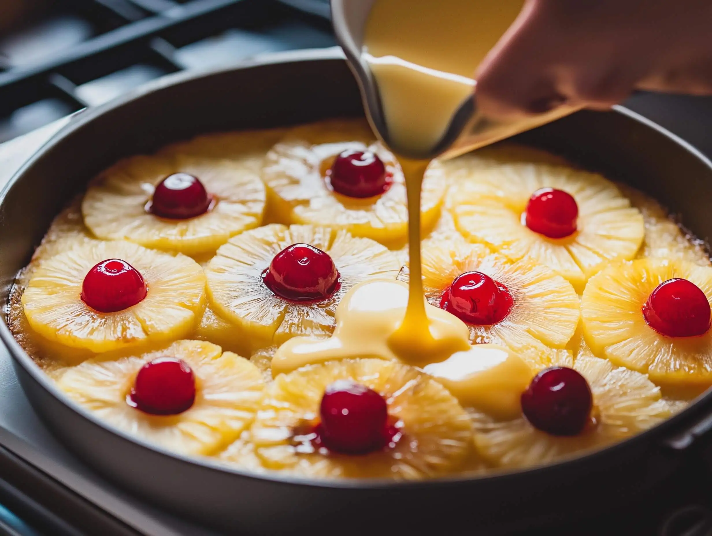 A classic pineapple upside-down cake with caramelized pineapples and cherries, displayed on a wooden table with fresh ingredients