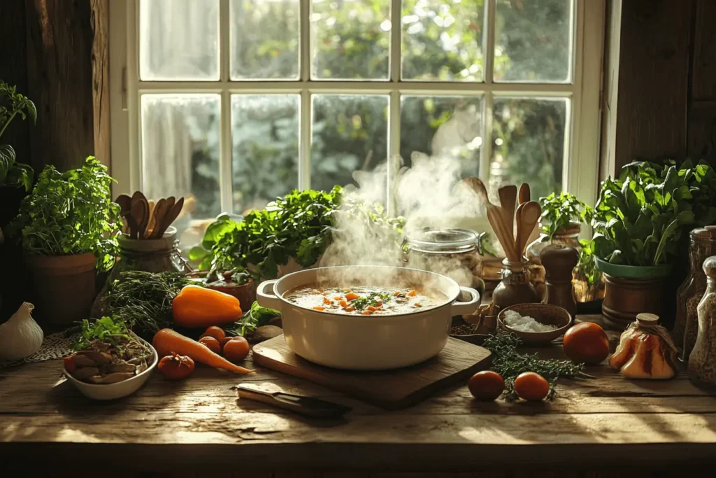 A rustic kitchen with a steaming pot of soup surrounded by fresh vegetables and herbs.