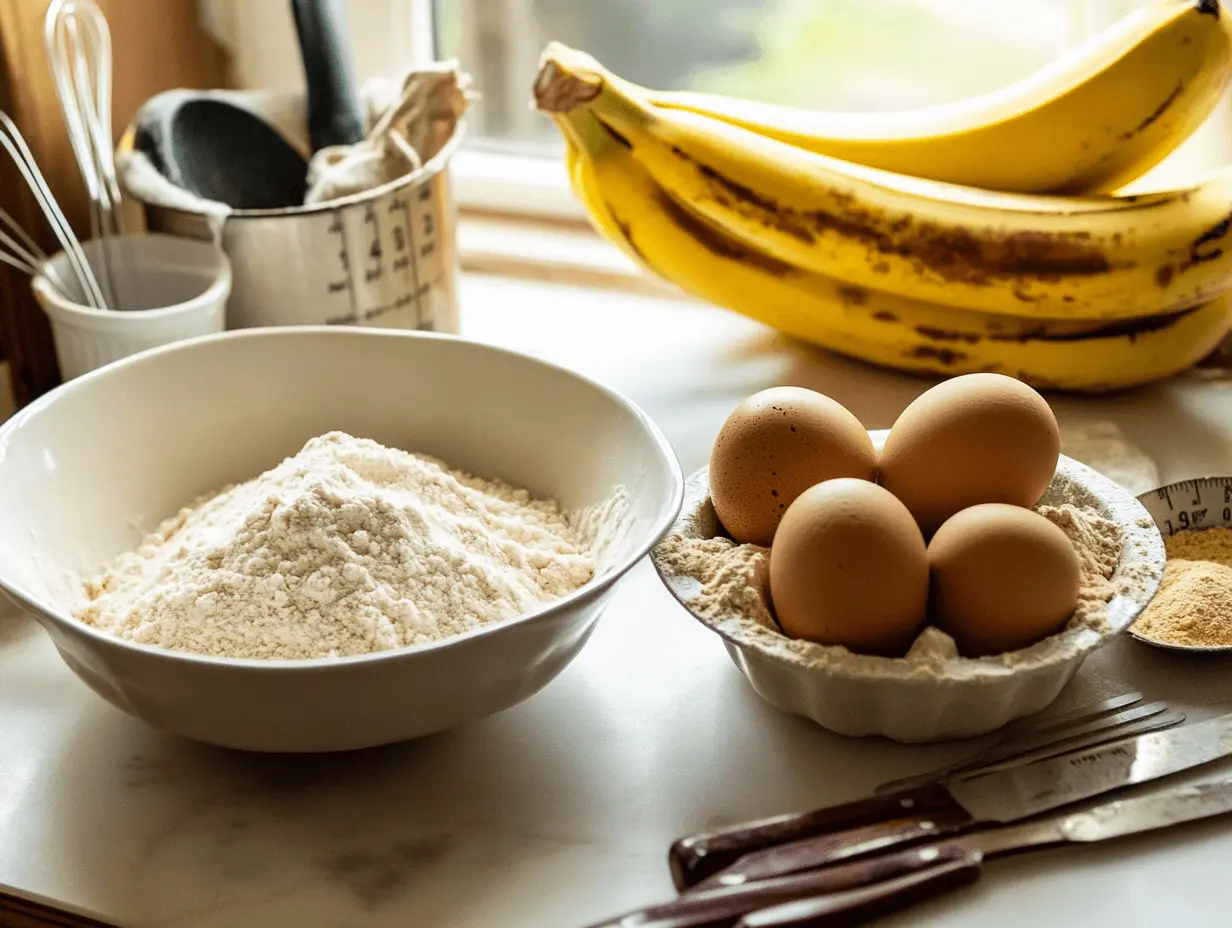 Four ingredients for banana bread arranged neatly on a kitchen counter: ripe bananas, self-rising flour, eggs, and brown sugar