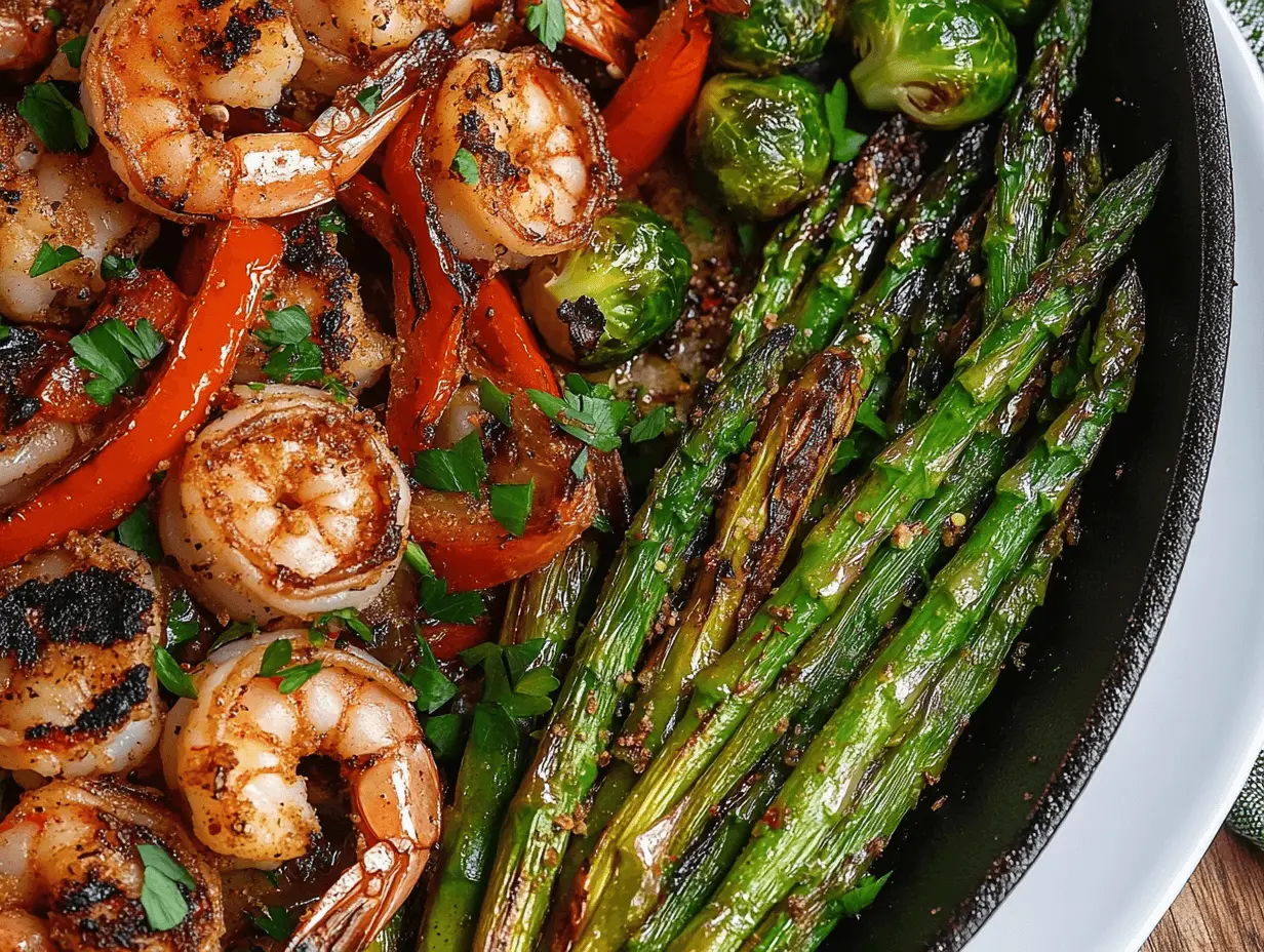 Sautéed bell peppers and onions, roasted Brussels sprouts, and grilled asparagus arranged next to Cajun shrimp on a white plate