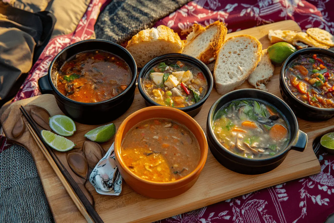 An assortment of international soups served in unique bowls.