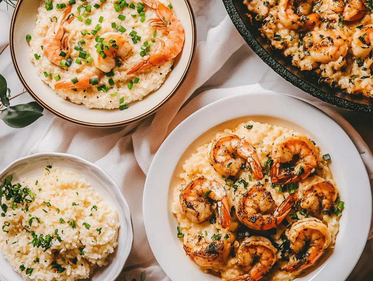 Garlic Parmesan pasta, cheesy grits, and rice pilaf served alongside Cajun shrimp on a dinner table with rustic decor