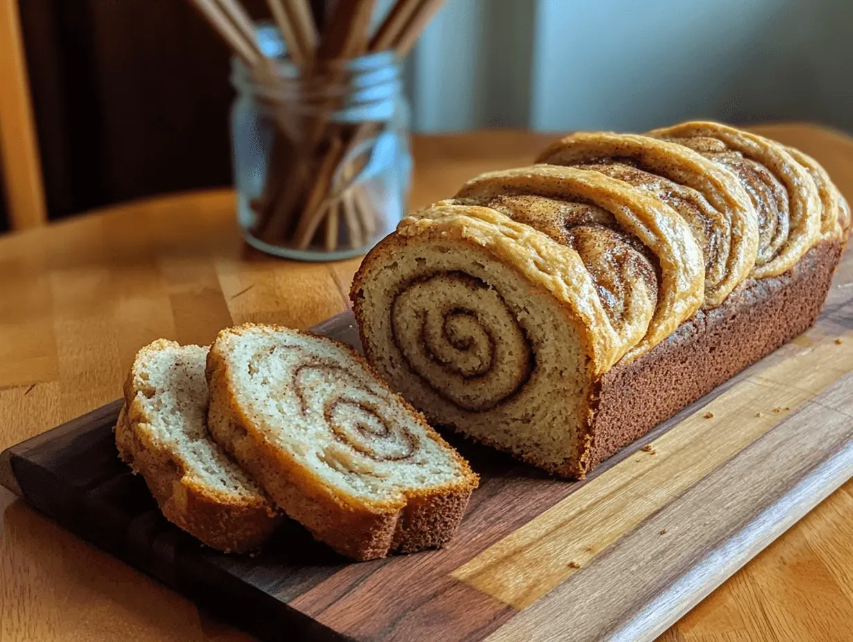 Cinnamon swirl bread loaf with golden crust and soft slices, showing a cinnamon-sugar swirl inside.