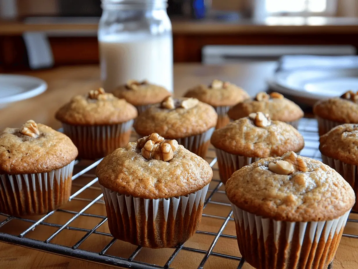 Freshly baked banana muffins with golden tops and moist interiors made using the perfect recipe for banana bread