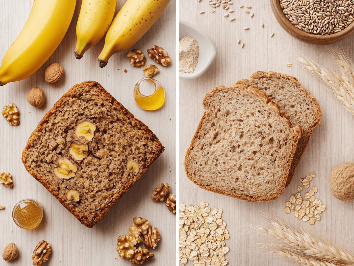 Side-by-side visual of banana bread and whole-grain bread with their ingredients like bananas, walnuts, honey, and sprouted grains on a wooden table.