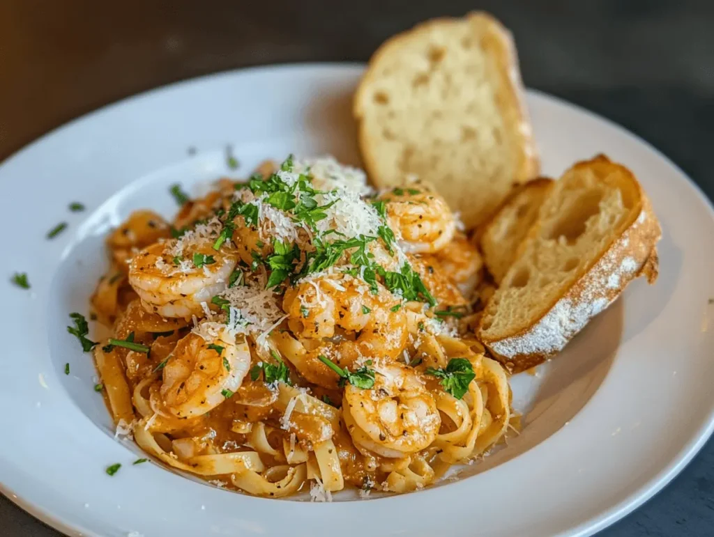 Beautifully plated Cajun shrimp pasta on a white plate, garnished with fresh parsley and Parmesan cheese, served with garlic bread on the side