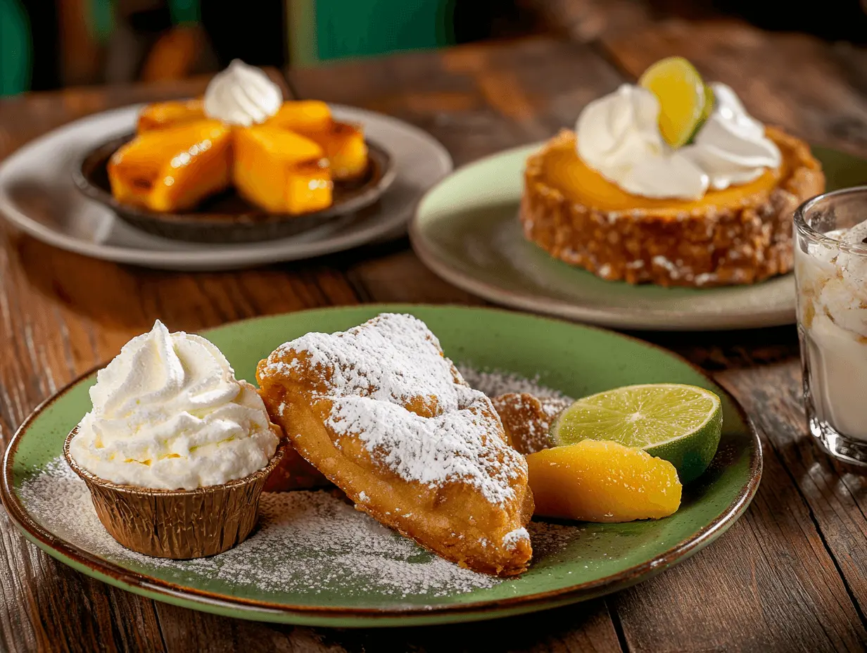 Beignets dusted with powdered sugar, a slice of key lime pie, and peach cobbler with ice cream served on a rustic wooden table.