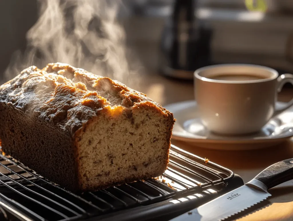 Freshly baked 4 ingredient banana bread on a wooden board with slices cut, showing its moist texture and golden crust