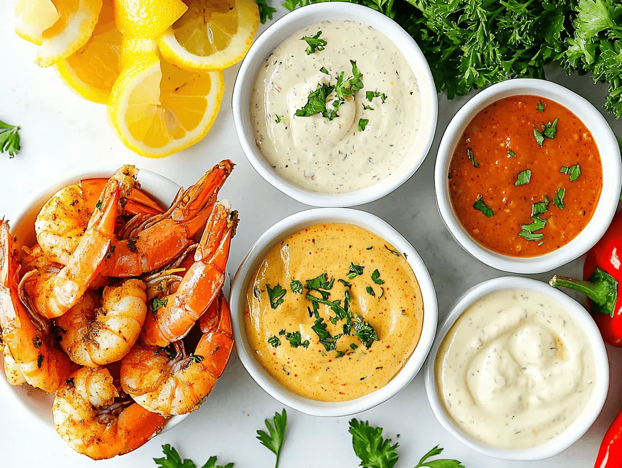 Small bowls of remoulade sauce, garlic aioli, and Cajun butter sauce placed alongside Cajun shrimp on a rustic dining table