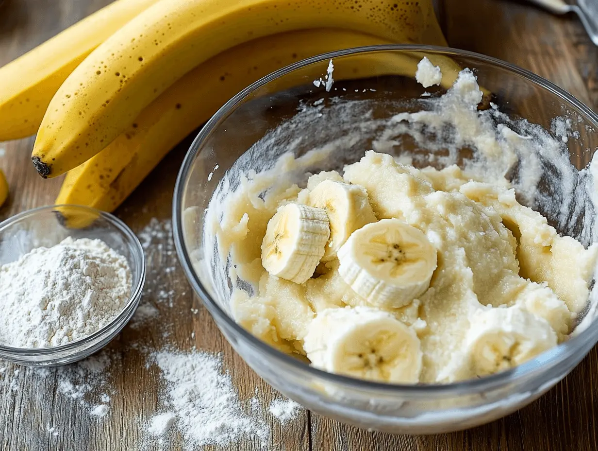 Mashed bananas in a glass bowl with a fork, surrounded by ripe bananas on a wooden kitchen counter