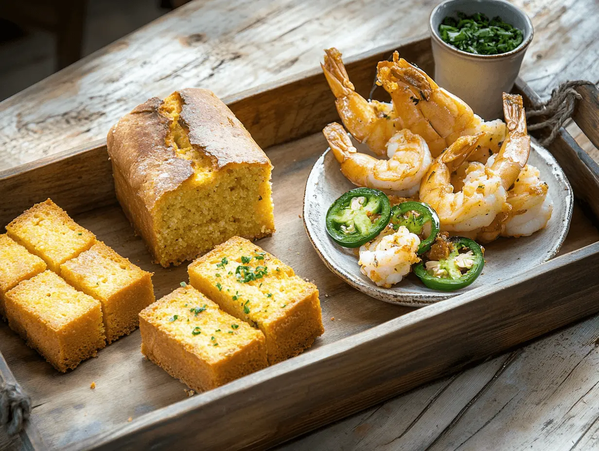 Jalapeño cornbread, French baguette slices, and garlic butter rolls placed near a platter of Cajun shrimp on a wooden serving tray