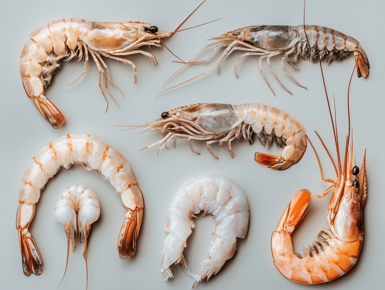 A collage showcasing various shrimp sizes and shapes, each shrimp is displayed in its natural form, highlighting the differences in size and shape, with a neutral back