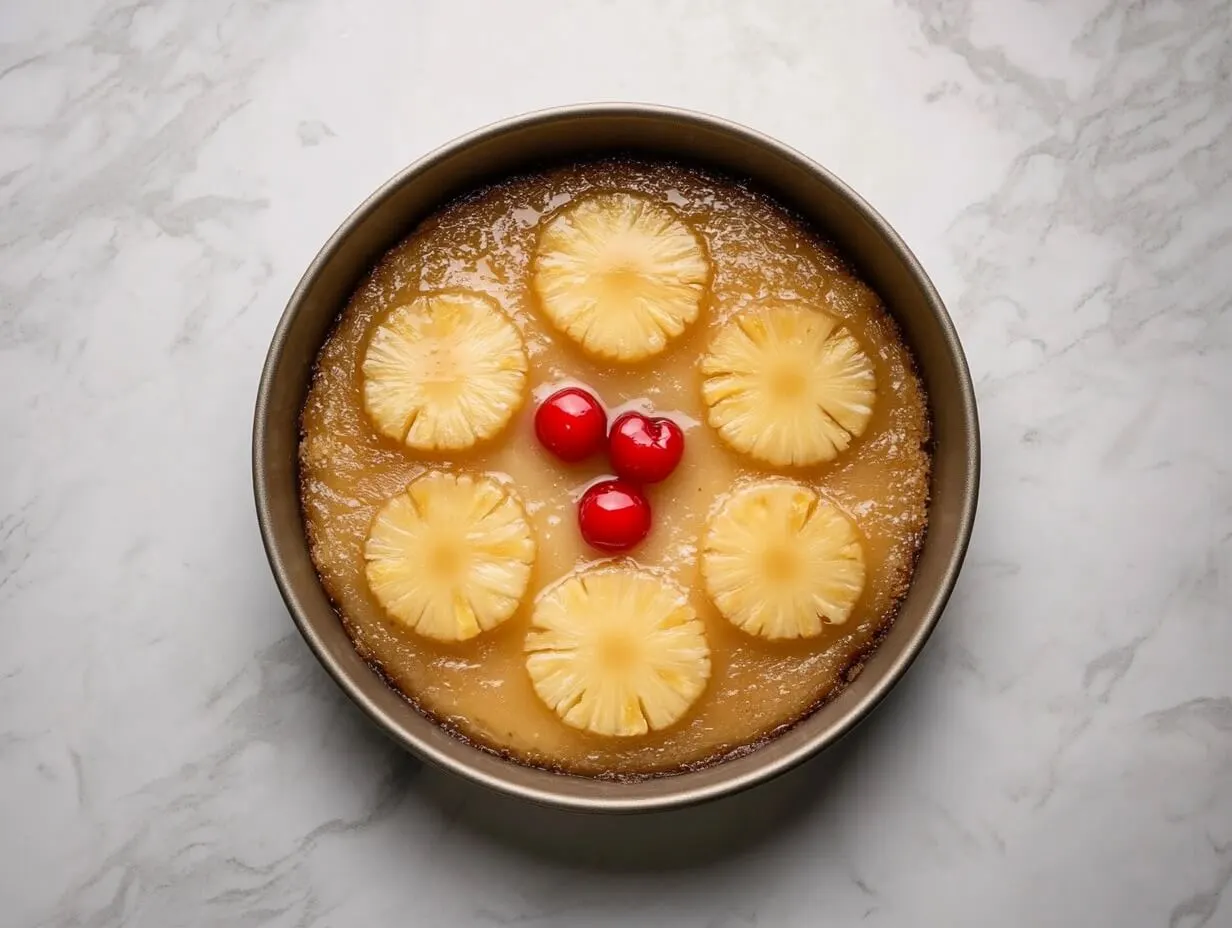 Pineapple upside down cake topping in a pan with pineapple slices and cherries arranged in brown sugar and butter.
Description: A close-up view of the prepared 