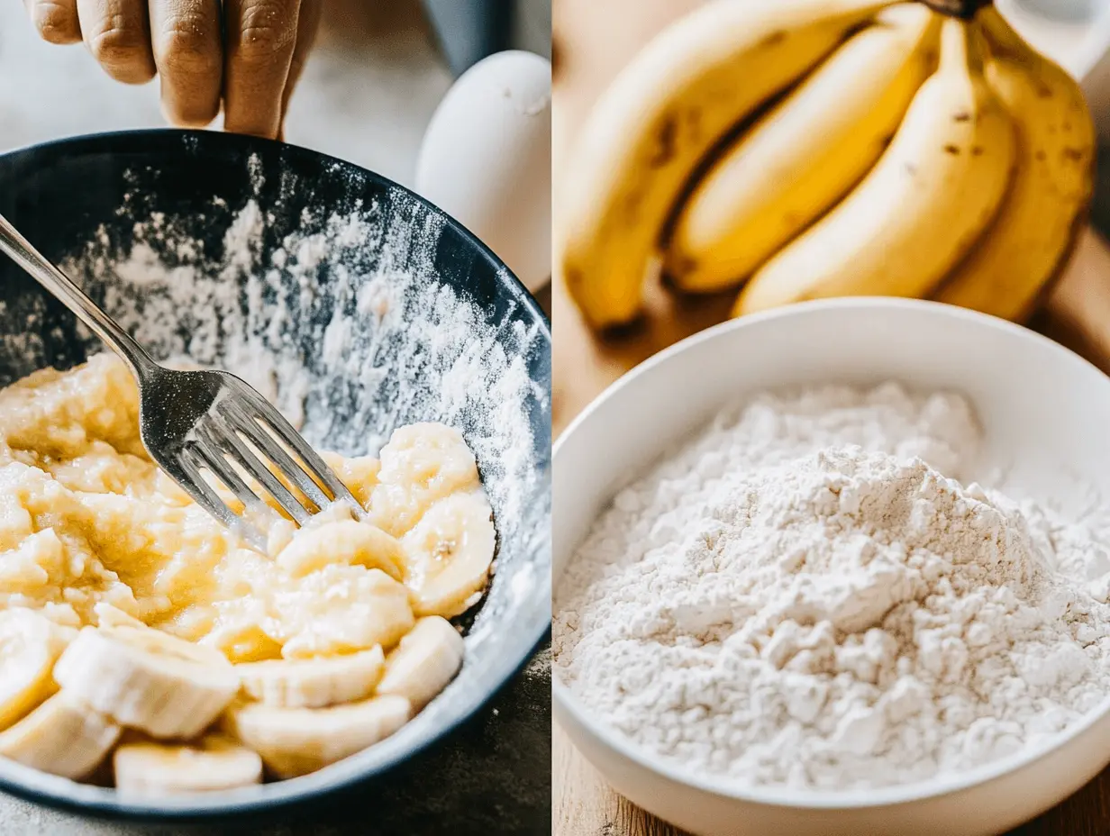 Mixing ingredients  in a bowl, showing mashed bananas, flour, sugar, and melted butter being combined.