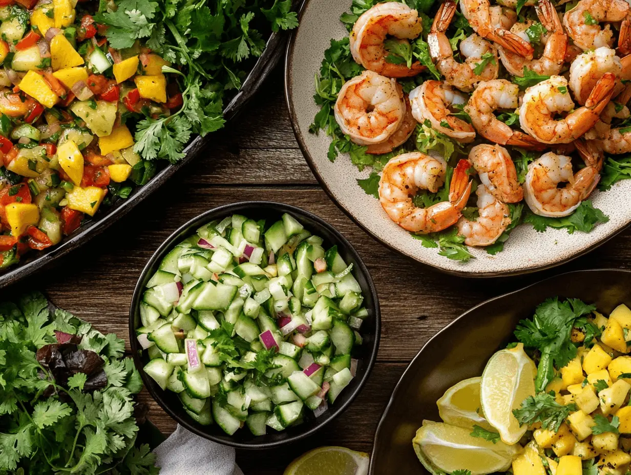 A bowl of cucumber jicama slaw, a platter of mango avocado salsa, and a mixed green salad with citrus vinaigrette served with Cajun shrimp