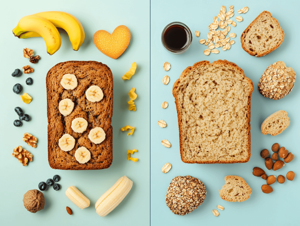 Split image of banana bread and normal bread with icons for health benefits like potassium for banana bread and fiber for normal bread in an infographic style.