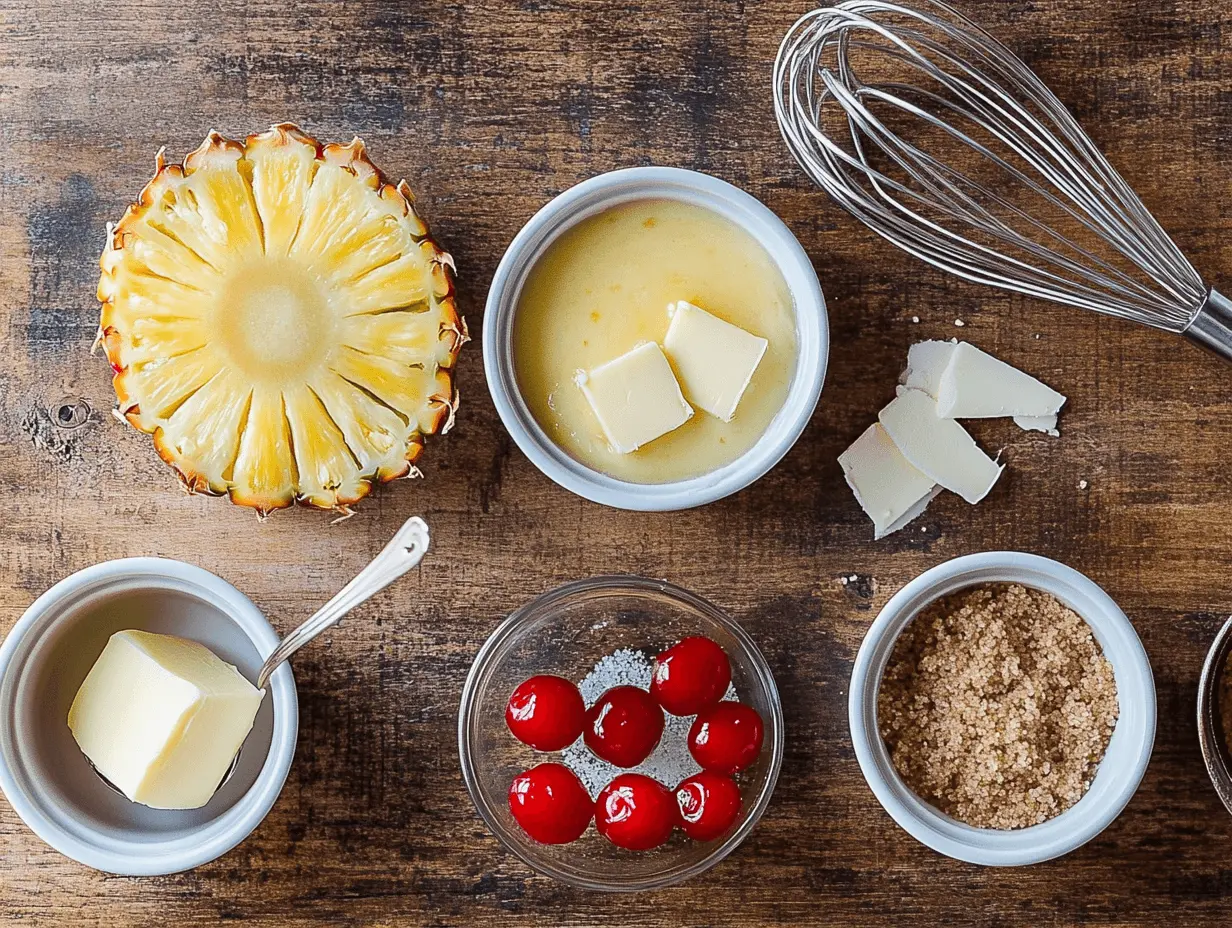 Ingredients for upside down pineapple mini cakes, including pineapple slices, cherries, butter, brown sugar, and tools like muffin tins and measuring cups.