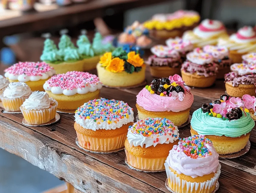 Assorted mini cakes with colorful decorations displayed on a wooden table.