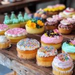 Assorted mini cakes with colorful decorations displayed on a wooden table.