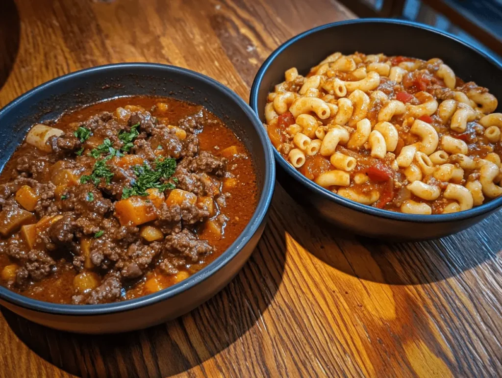 Two bowls of Goulash side-by-side: one Hungarian with paprika broth, and one American with pasta and tomato sauce.