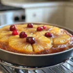 Perfectly flipped pineapple upside down cake with caramelized pineapple rings and cherries.