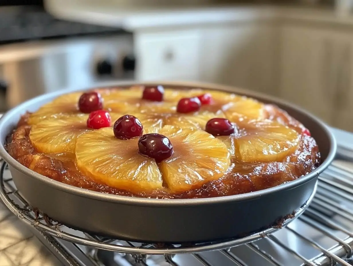 Perfectly flipped pineapple upside down cake with caramelized pineapple rings and cherries.