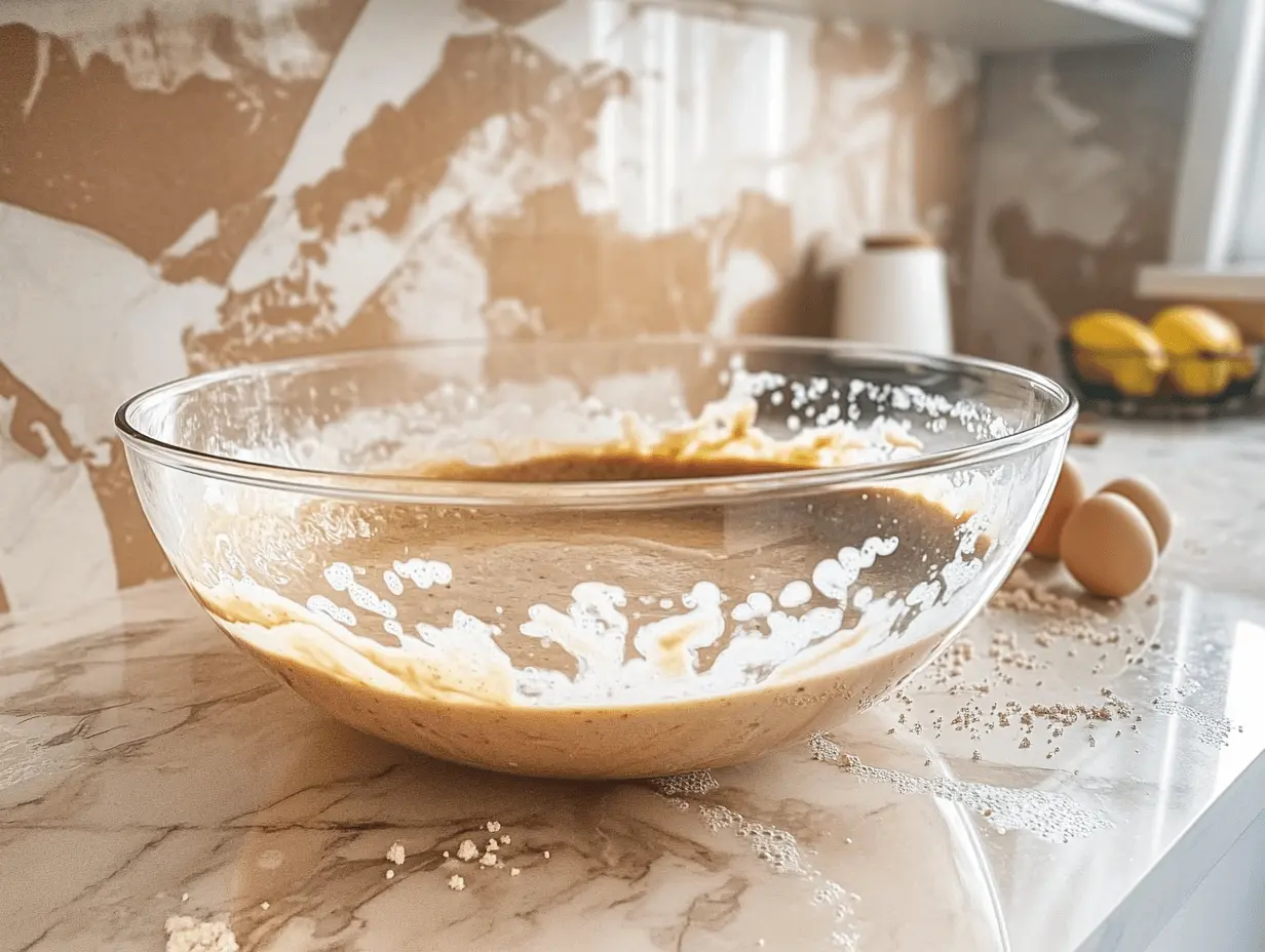 Overmixed banana bread batter in a glass bowl on a kitchen counter.