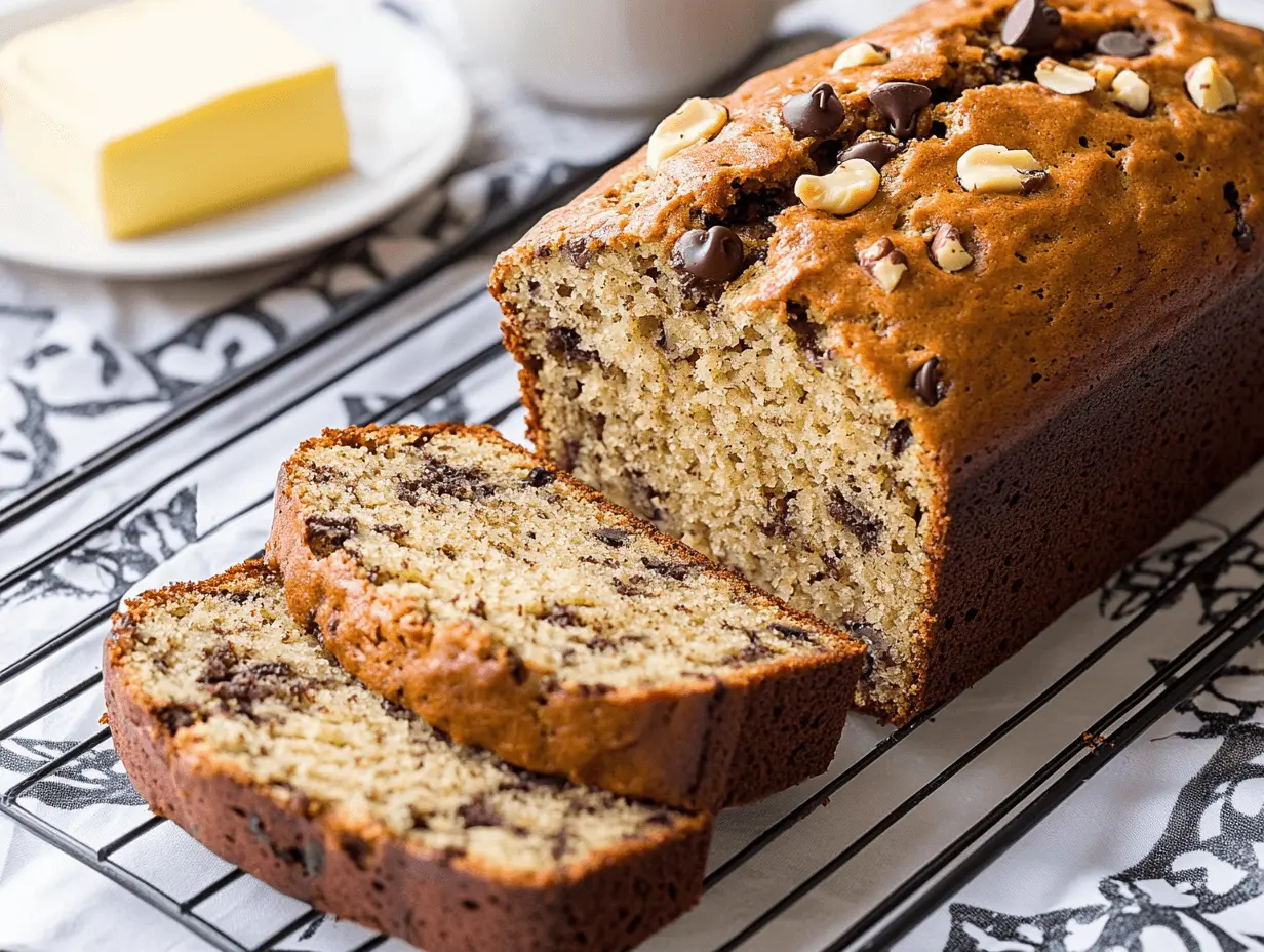 Final result of simple banana bread loaf with golden crust and moist, fluffy slices made with the perfect formula for banana bread.