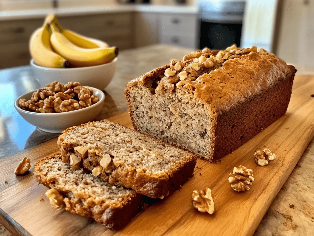 Classic banana nut bread loaf with golden crust and moist slices filled with chopped walnuts.