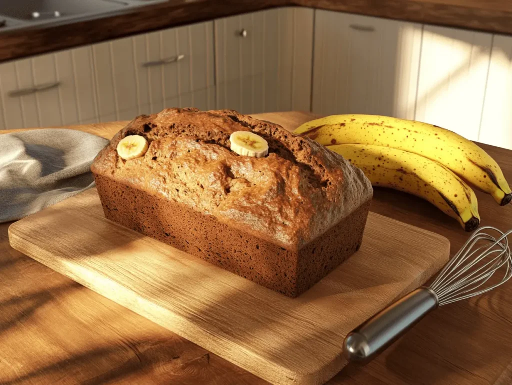 Freshly baked banana bread with four bananas on a cutting board, golden and moist.