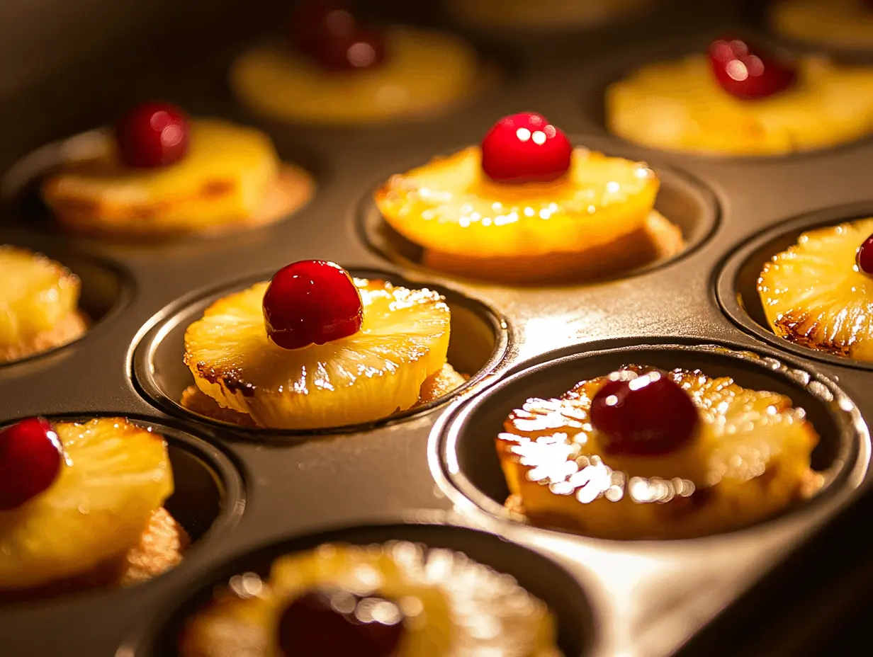 upside down pineapple mini cakes inside oven