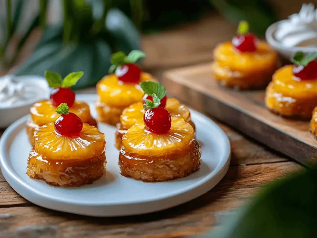 Upside down pineapple mini cakes with caramelized pineapple slices and cherries, served on a white platter with whipped cream and mint garnish.