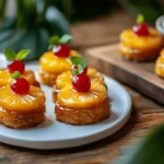 Upside down pineapple mini cakes with caramelized pineapple slices and cherries, served on a white platter with whipped cream and mint garnish.